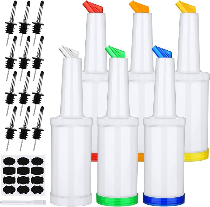 Ruisita 6 Pack Bar Juice Pour Bottles Plastic Bar Pour Bottles with Stainless Steel Bottle Pourer Tapered Spout Fruit Juice and Liquor Containers for Bar Supplies (34 Ounces, Multicolor)