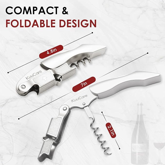 Wine Opener Waiter Corkscrew, Premium 420 Stainless Steel Wine Bottle Opener with Foil Cutter & Cap Remover, Double Hinged Manual Wine Key for Bartenders, Servers, Waiters and Home Use, Silver