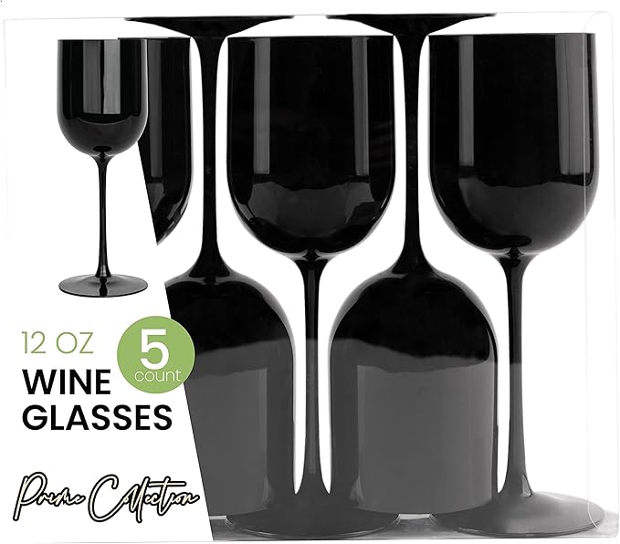PLASTICPRO Black Plastic Wine Glasses Set of 10 Elegant Wine Goblets Hard Plastic Wine Cups on Stem 12 Ounce