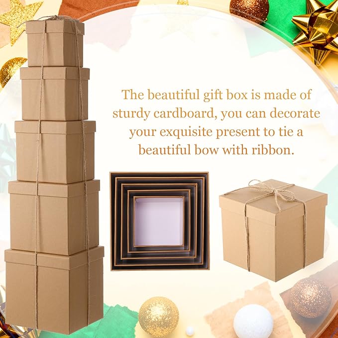 Cholemy 5 Pcs Square Nesting Boxes Decorative Gift Boxes with Lid and Ribbon Assorted Sizes Wrap for Wedding, Carnival, Anniversary, Birthday, Bridal Shower Party Gifts(Brown)