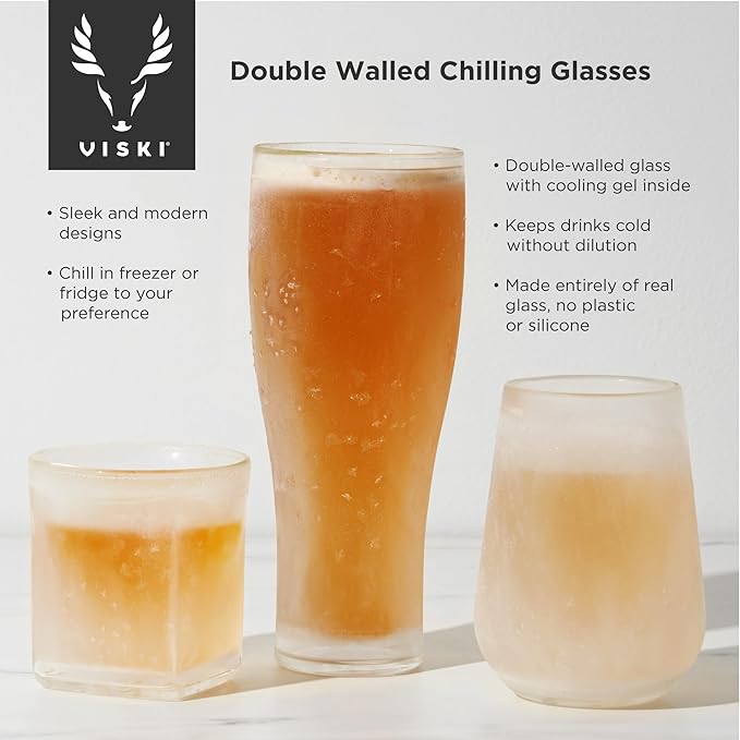 Viski Glacier Wine Glass, Double Walled Chilling Wine Glass, Active Cooling Gel, 8 Ounces, Clear Glass, Chilling Technology, Set of 1