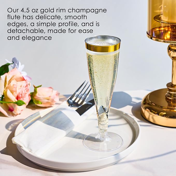 FOCUSLINE 100 Pack Plastic Champagne Flutes, 4.5 Oz Gold Rim Plastic Champagne Glasses, Disposable Clear Toasting Glasses Recyclable Champagne Cups for Wedding Party