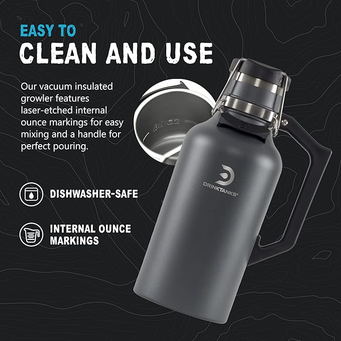 DrinkTanks Craft Growler – 64 oz Vacuum Insulated Stainless Steel Beer Growler with Handle, Leakproof Thermal Beverage Tumbler for Beer, Wine, Coffee, Soda, Kombucha – Reusable & BPA-Free – Slate