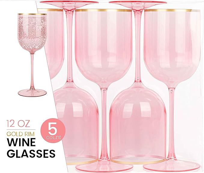 PLASTICPRO Pink Wine Cup with Gold rim Plastic Wine Glasses Set of 10 Elegant Wine Goblets Hard Plastic Wine Cups on Stem 12 Ounce