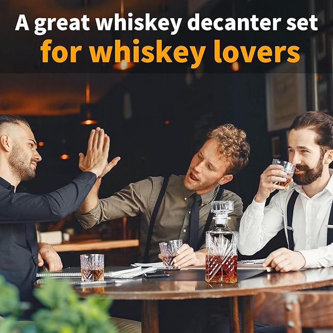 Whiskey Decanter Set for Men 2pcs Whisky Glasses and 1pcs Glass Decanter Bottle with Cooling Stones Clear Whisky Liquor Set for Bourbon Rum Fathers'Gift