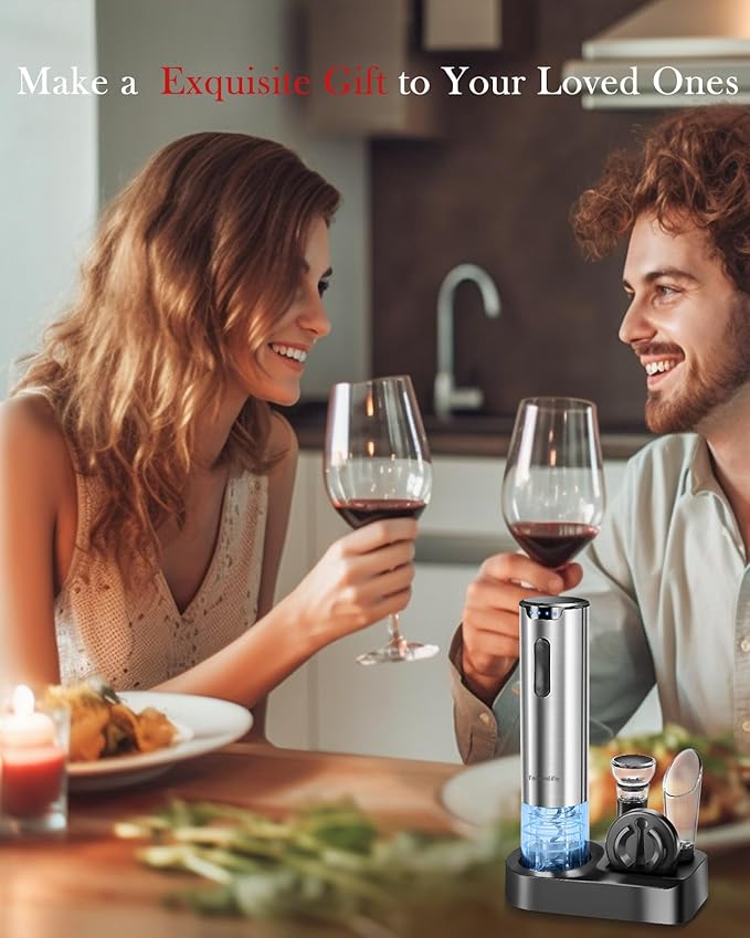 Electric Wine Opener Set With Stand - Premium Wine Gifts with Rechargeable Wine Opener, Foil Cutter, Pourer, Vacuum Stopper, and Elegant Package Box -Gift for Home Party Bar Outdoor