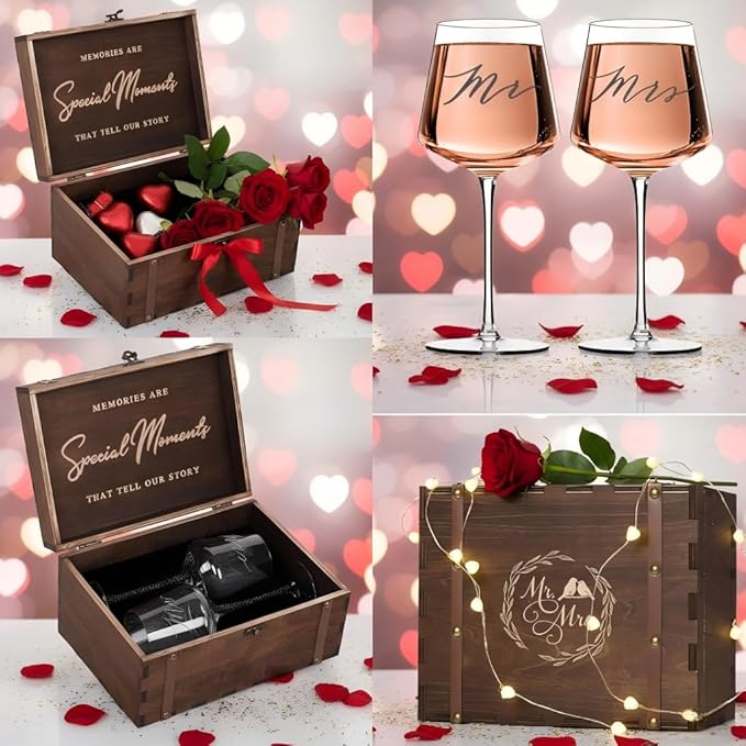 Mr & Mrs Wine Glasses Gift Set with VINTAGE Memory Box – Engagement, Wedding & Newlywed Gifts for Couples, Just Engaged Gifts for Women