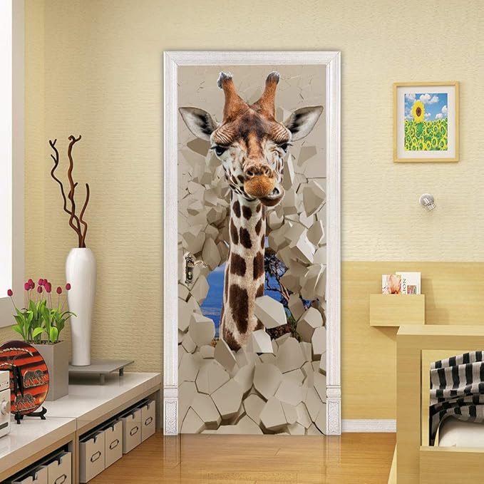Door Wallpaper Self-Adhesive Poster 3D Picture Giraffe Film Photo Wallpaper Premium PVC Waterproof Sticker Wall Sticker for Bedroom Living Room Decoration Stickers 80 x 200 cm