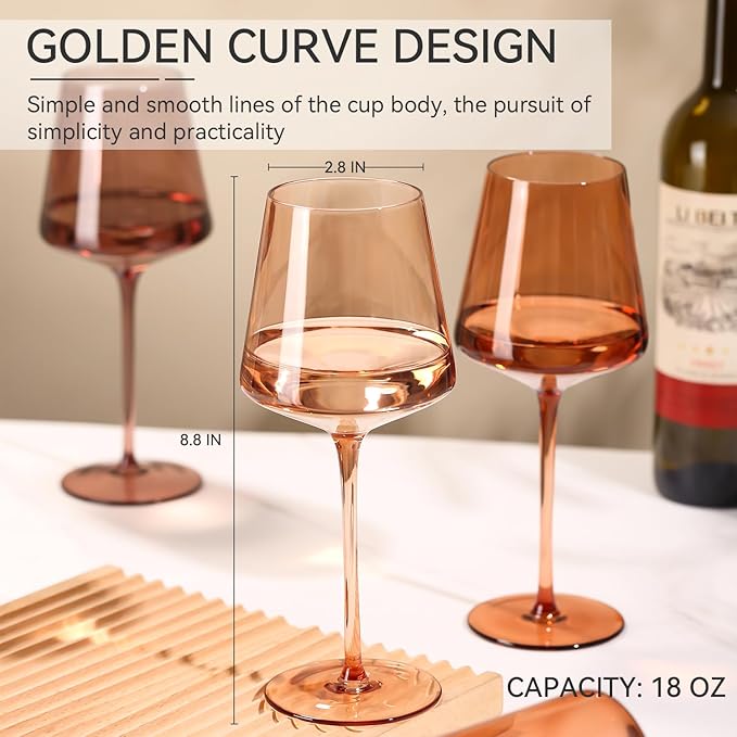 Brown Wine Glasses Set of 6-18oz【Hand Blown】 Crystal Amber Stemmed Venus Wine Glasses-Brown Wine Glass set for Fall Autumn Winter Wine Dinner