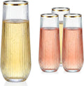 GuanQiao 12 Pack Stemless Plastic Champagne Flutes with Gold Rim, 9oz Ribbed Disposable Champagne Glasses, Heavy Duty Shatterproof Mimosa Glasses for Wine Wedding Bridal Shower Party Supplies Birthday