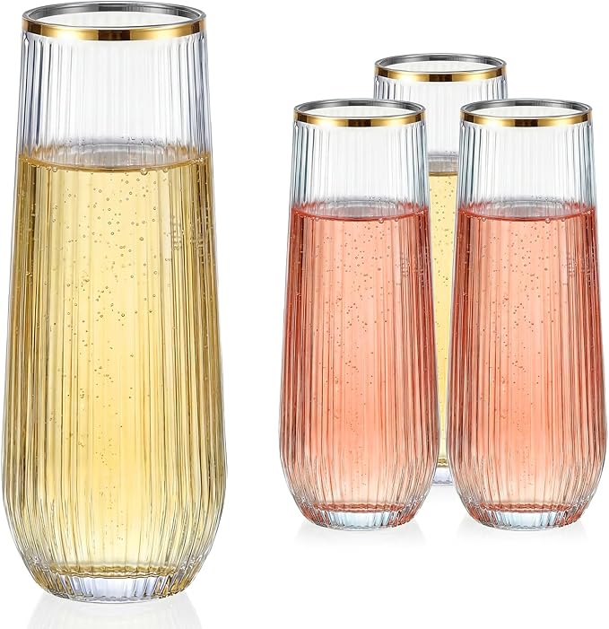GuanQiao 12 Pack Stemless Plastic Champagne Flutes with Gold Rim, 9oz Ribbed Disposable Champagne Glasses, Heavy Duty Shatterproof Mimosa Glasses for Wine Wedding Bridal Shower Party Supplies Birthday