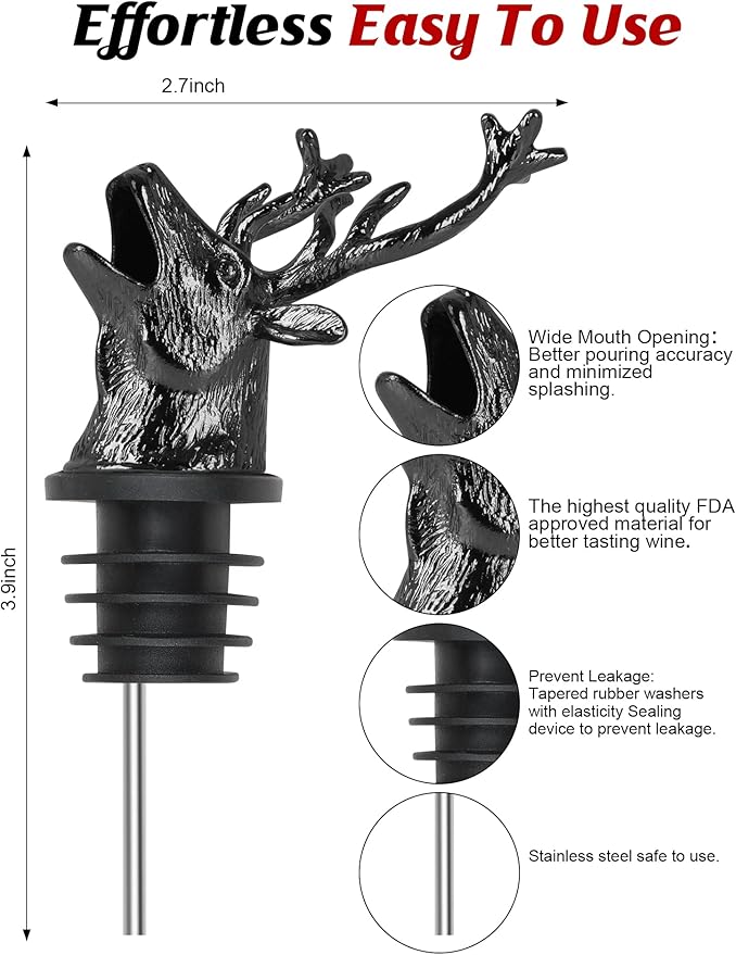 Deer Stag Head Wine Aerator Pourer Spout, Elk Olive Oil Liquor Bottle Decanter, Dark Grey Plated Creative Gifts for Alcohol Spirits Whiskey