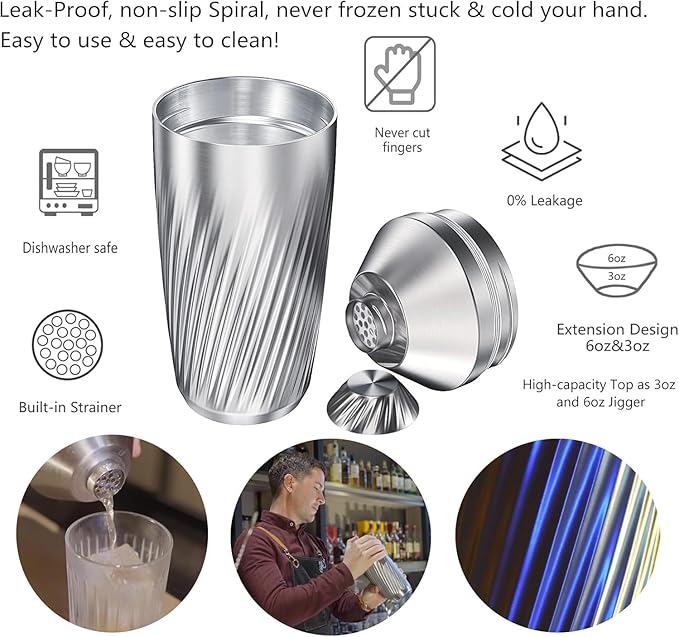 Hybrid Cocktail Shaker Set - Innovative Premium Vacuum Insulated Stainless Steel Drink Shaker Double Wall Margarita Mixer Jigger & Mixing Spoon Set - Martini Shaker for Home Bartender - 28oz