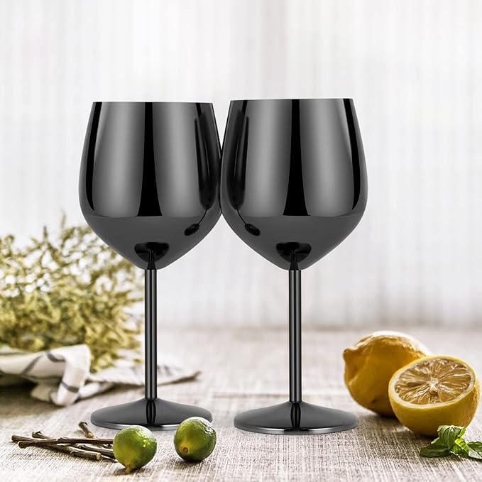 Lifecapido Stainless Steel Wine Glasses Set of 8, 18oz Stainless Steel Wine Goblet, Black Metal Wine Glasses with Cup Brush for Party, Office, Wedding, Anniversary, Great for Red, White Wine