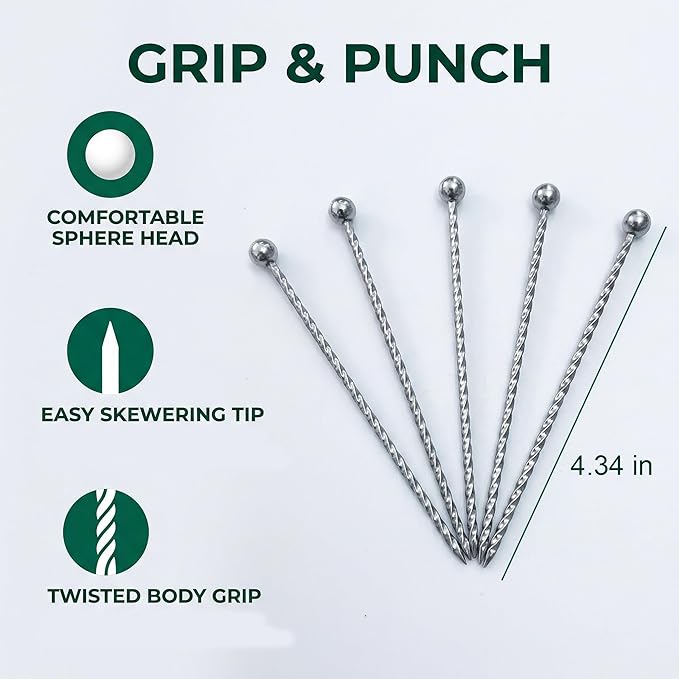 6Pcs Metal Cocktail Picks and Holder Reusable Stainless Steel Skewers Toothpicks Kit for Cocktails Drinks Garnish Appetizers Martini Picks Fruit Coctail Skewer Accessories