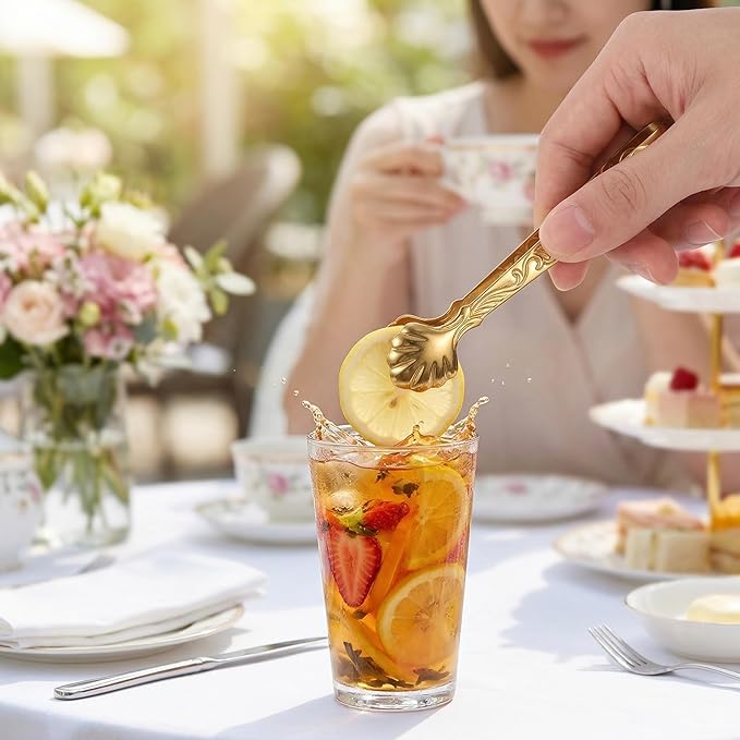 3.5inch Mini Serving Tongs, 2PCS Sugar Tongs, Small Stainless Steel Sugar Cube Pick with Rose Embossed Ice Grabber for Tea and Coffee Party Charcuterie Board Appetizers （Gold）