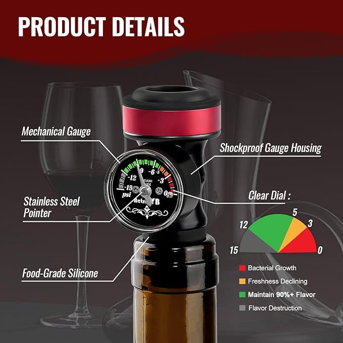 2 Pack Wine Vacuum Saver Sealer with Real-Time Pressure Gauge, Reusable Bottle Stoppers for Red & White Wine Preservation - Airtight Seal, Keep Fresh 5X Longer (Includes Hand Pump)
