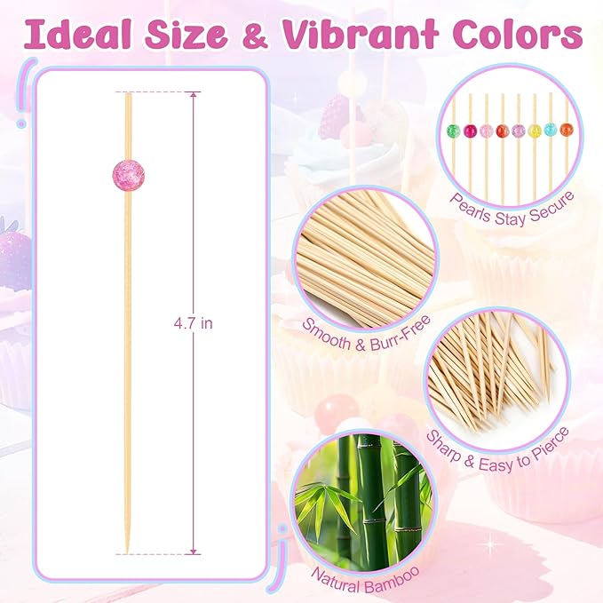200PCS Cocktail Picks, Colored Pearl Fancy Toothpicks for Appetizers, 4.7 IN Long Decorative Bamboo Skewers, Wooden Garnish Sticks for Food Drinks Fruit Charcuterie Boards Accessories Party Supplies