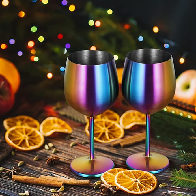 Lifecapido Stainless Steel Wine Glasses Set of 4, 18oz Colorful Stainless Steel Wine Goblets, Stemmed Metal Wine Glasses with Cup Brush for Party Office Wedding Anniversary, Great for Red White Wine