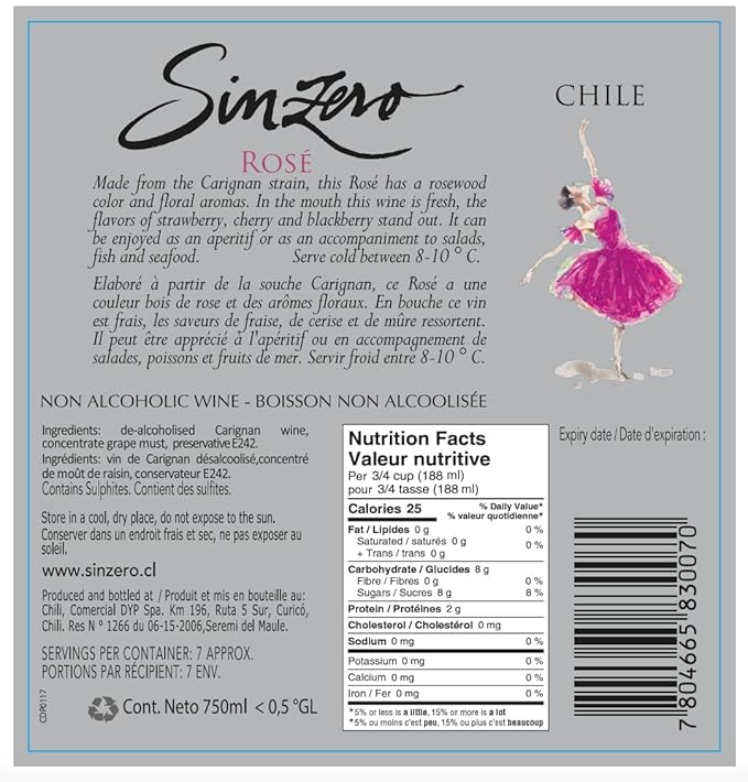 SINZERO - Non-Alcoholic Rosé Wine - 25.4 fl oz Bottle - De-alcoholized under 0.5% ABV Low Calorie Vegan Rosé - Pale salmon color with strawberry, blackberry and cherry aromas - Chilean