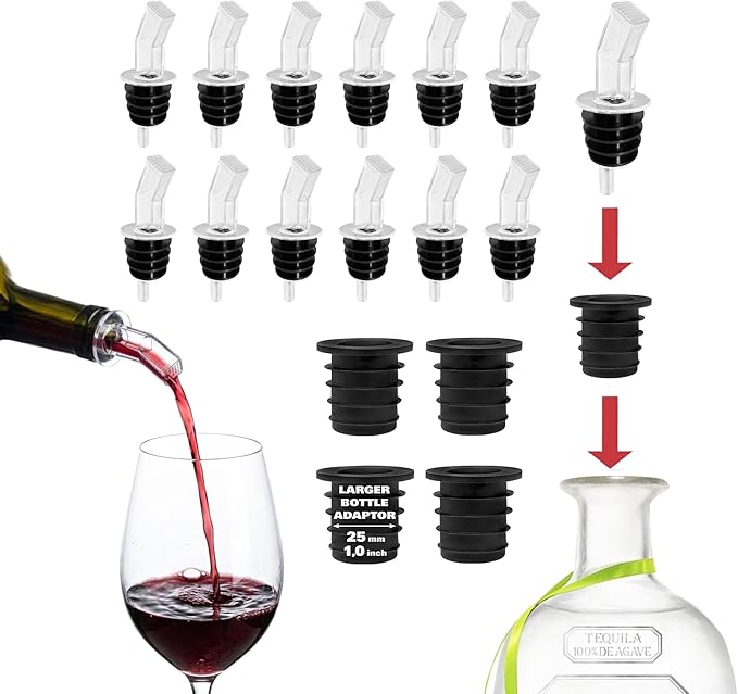 Esatto Pourer with Screen - Premium Quality Liquor Dispenser Pour Spouts with Built-in Filter for Smooth Pouring - Pour Spouts Ideal for Bartenders, Home Bars, and Parties (12 Pack & 4 Cork)