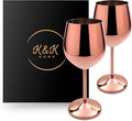 K&K Home Rose Gold Stainless Steel Unbreakable Wine Glasses - 18 oz - Set of 2 Colored, Stemmed Metal Wine Glasses Perfect for Outdoors, Weddings, and Parties (Rose Gold, Set of 2)