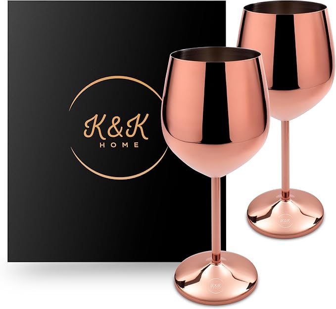 K&K Home Rose Gold Stainless Steel Unbreakable Wine Glasses - 18 oz - Set of 2 Colored, Stemmed Metal Wine Glasses Perfect for Outdoors, Weddings, and Parties (Rose Gold, Set of 2)
