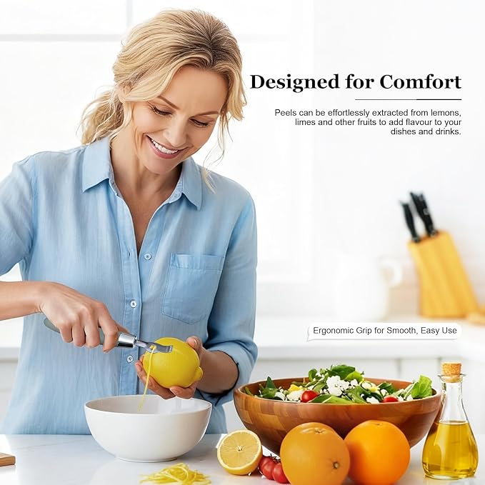 Lemon Zester Tool with Channel Knife, 2-in-1 Citrus Zester Grater and Orange Peeler, Non-Slip Silicone Handle for Lemon Lime Twists, Cocktail Garnish and Kitchen Use