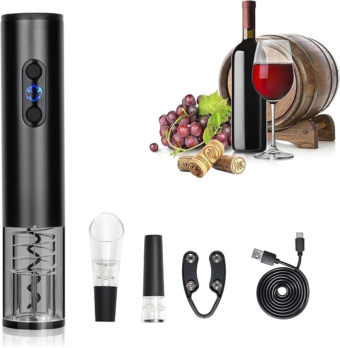 Electric Wine Bottle Opener Auto Wine Opener Cordless Wine Opener Rechargeable with Foil Cutter, Wine Pourer,Vacuum Stopper,USB C Charging Cable,Fathers Day Dad Gifts from Daughter Son(Black)