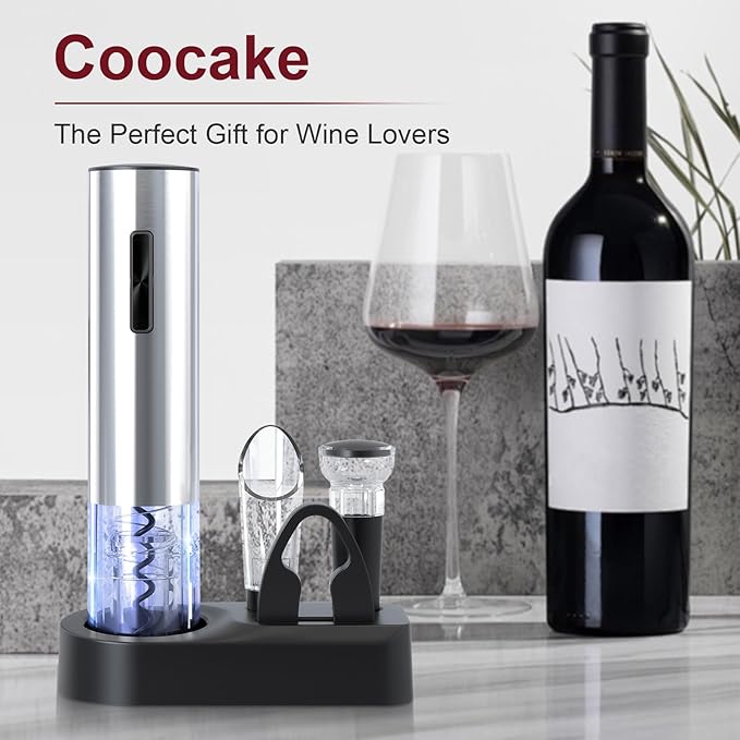 Electric Wine Opener Set, Rechargeable Cordless Automatic Wine Bottle Corkscrew Opener with Aerator, Pourer, Vacuum Sealer and Storage Base, Battery Operated Wine Stopper Remover