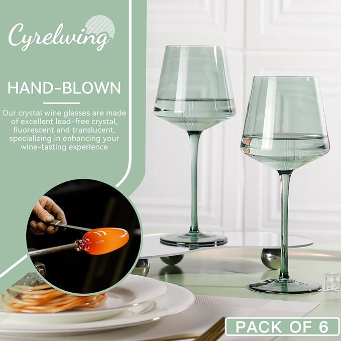 Green Wine Glasses Set of 6,18oz green Wine Glassware Gift Set for Wife & Mom-Colorful Hand Blown Glass Drinkware for Red White Wine