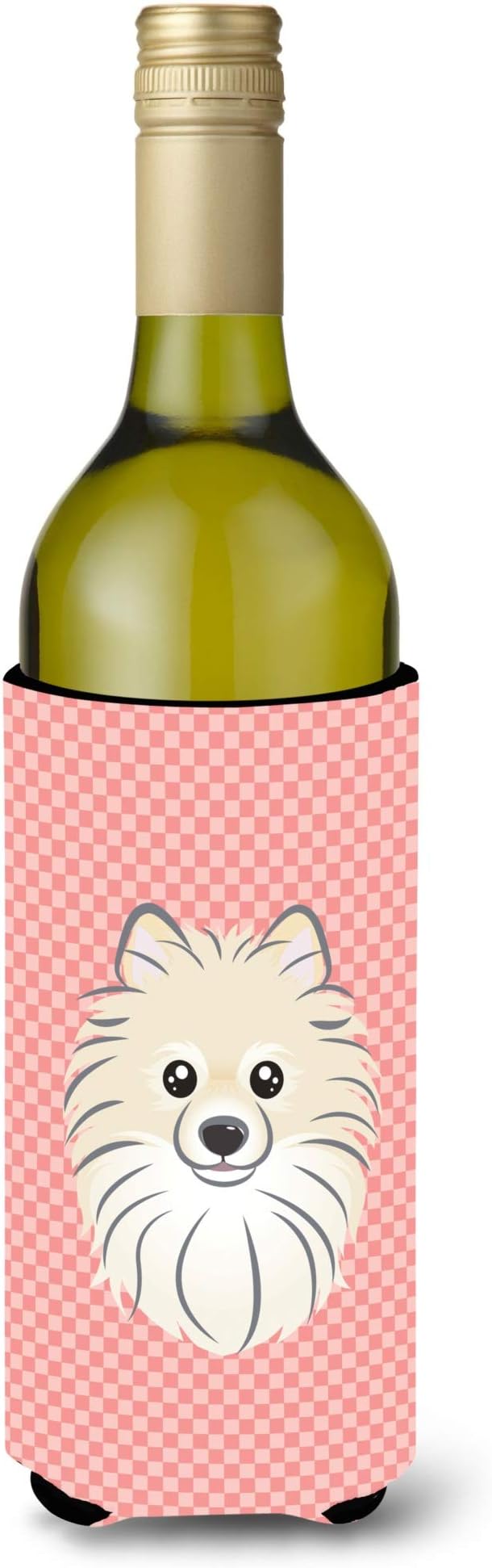 Caroline's Treasures BB1207LITERK Checkerboard Pink Pomeranian Wine Bottle Hugger Bottle Cooler Sleeve Hugger Machine Washable Collapsible Insulator Beverage Insulated Holder