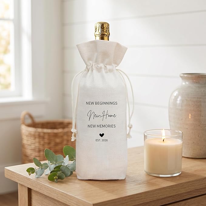 Housewarming Gift Wine Bag, New Home New Beginnings Linen Drawstring Wine Bottle Bag, Reusable Wine Pouch for New Homeowner Closing Gift, 13 x 5.7 Inch - A08