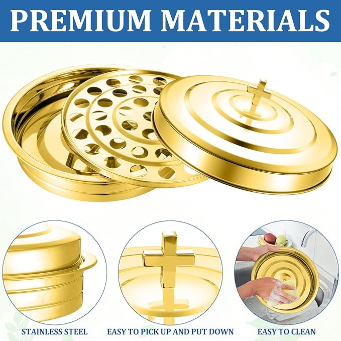Jingmore Communion Ware 3 Holy Wine Serving Trays with 1 Cover Stainless Steel Communion Supplies Silver Trays for Churches Holy Ware Sets (Gold)