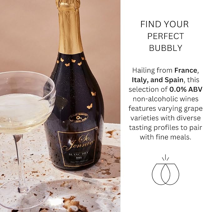 Non-Alcoholic Sparkling Wine Sampler – 4 Bottles (25.4 Fl Oz Each) – Lussory Brut, Princess Bollicine Bianco, Perle Blanc, So Jennie Paris (France, Italy, Spain)