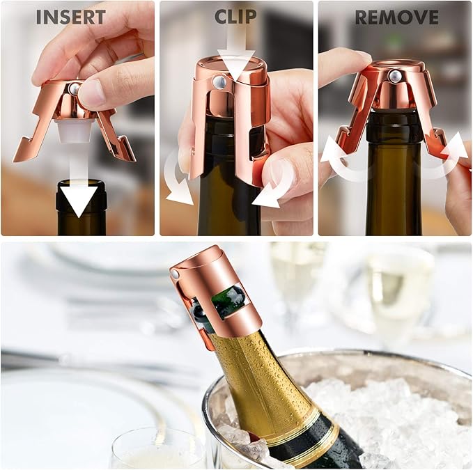 HYZ Champagne Stoppers - Stainless Steel Sparkling Wine Bottle Stopper with Pure Silicone Air Tight Seal - Professional Wine Saver for Champagne，Prosecco and Cava (2Pack Rose Gold)