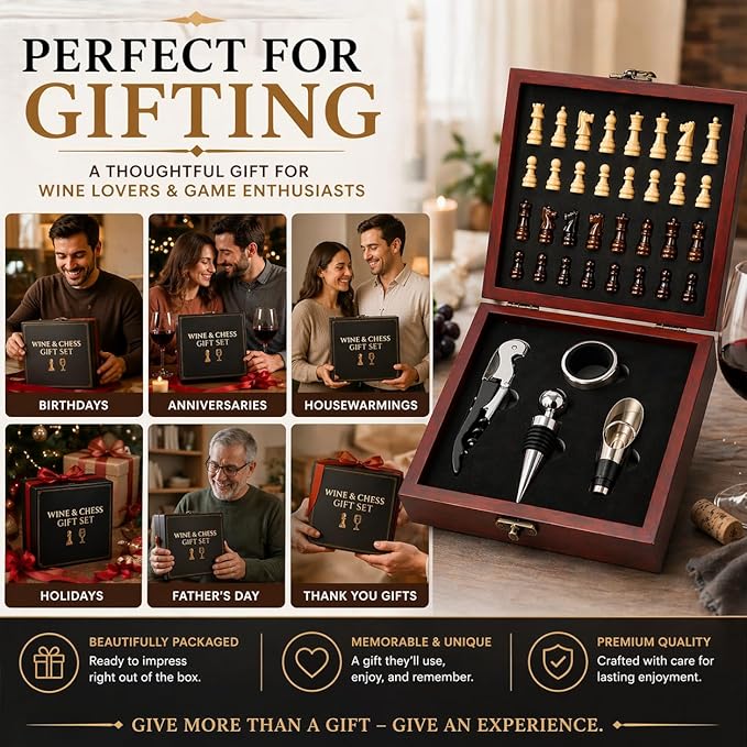 Wine Gift Set with Chess Board – Wine Accessories Kit for Men & Women, Corkscrew, Stopper & Pourer Included, Unique Gift for Wine Lovers, Birthday, Anniversary, Housewarming