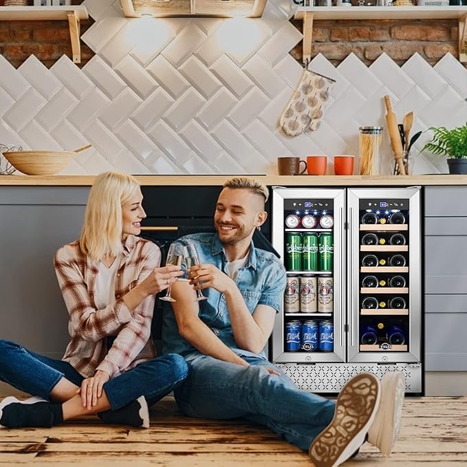 Tylza Wine and Beverage Refrigerator, 24 Inch Dual Zone Wine Fridge, Holds 18 Bottles and 88 Count, French Doors, Lock, Under-counter or Freestanding Wine Cooler, Beverage Fridge with Tempered Glass