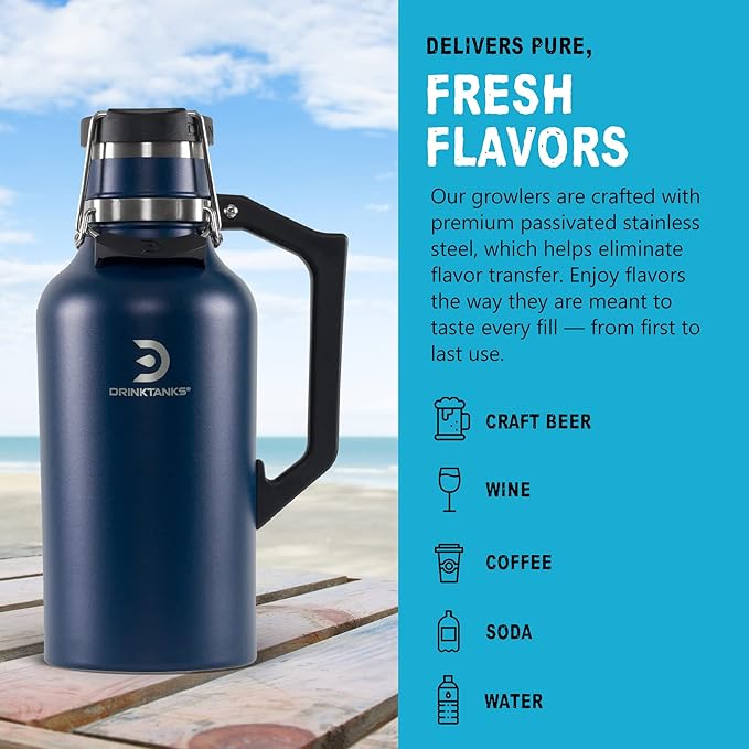 DrinkTanks Craft Growler – 64 oz Vacuum Insulated Stainless Steel Beer Growler with Handle, Leakproof Thermal Beverage Tumbler for Beer, Wine, Coffee, Soda, Kombucha – Reusable & BPA-Free – Storm