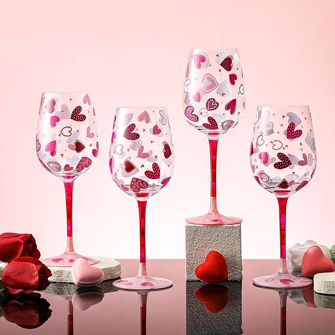 SiliFine 4 Pcs Valentine's Day Party Stemmed Wine Glasses Hand Painted Drinking Cup Wine Glasses for Birthday Theme Holiday Party Supply