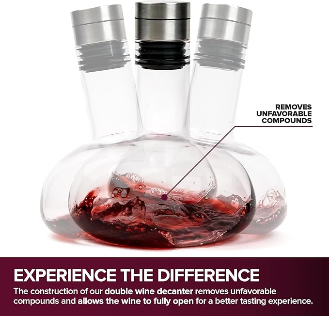 Modern Innovations Red Wine Decanter with Aerator Lid, Best Wine Decanter Gift Kit for Wine Lovers, Double Decanter Set for Wine, Wine Breather Carafe Decanter, Aerating Decanter, Glass Wine Saver