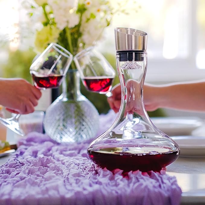 Wlasss Hand Blown Wine Decanter with Aerator, 1300ml/44oz Red Wine Decanter, Crystal Wine Carafe with Stainless Steel Pour Lid and Filter, Elegant Design Easy Pour, Wine Aerator Wine Gifts