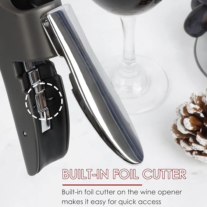 KAYCROWN Stainless Steel Wine Bottle Opener, Vertical Lever Corkscrew with Metal handle, Foil Cutter and Extra Spiral, Manual Handheld Corkscrew with Ergonomic Lever Pump(Grey)