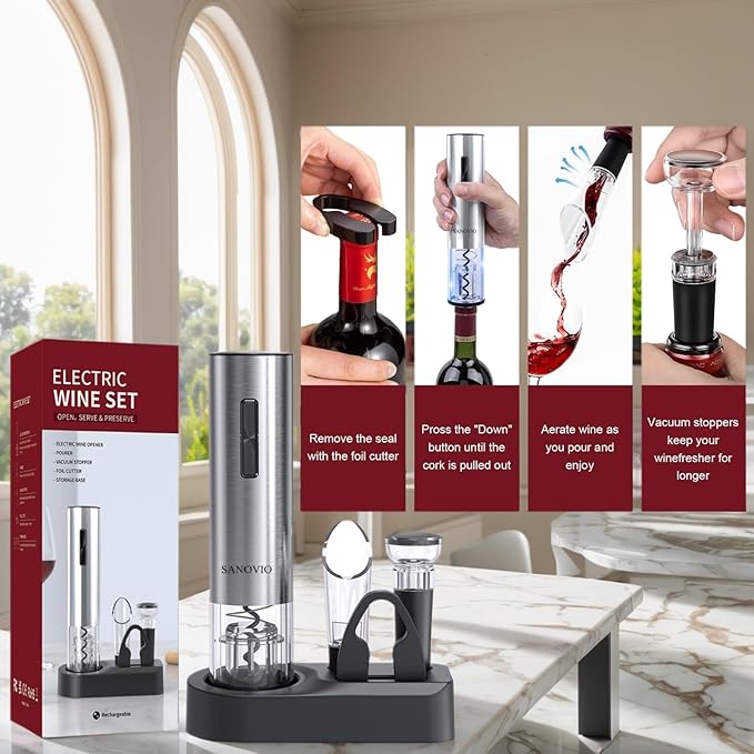 6-in-1 Electric Wine Opener Set - Rechargeable Automatic Corkscrew with Vacuum Sealer, Wine Aerator, Foil Cutter & Charging Base,Valentine's Day Gifts, Wine Lovers (Stainless Steel)