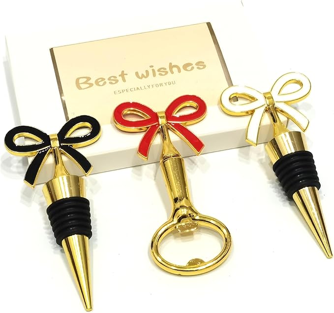 Bow Wine Stopper and Opener Set 3 Packs - Golden Bowtie Beer Bottle Opener, Wine Opener, Stopper - Black, White, Red Bow for Beer Topper, Holiday, Festival, Banquet, Wedding Table Decoration