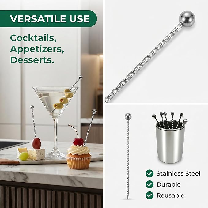 6Pcs Metal Cocktail Picks and Holder Reusable Stainless Steel Skewers Toothpicks Kit for Cocktails Drinks Garnish Appetizers Martini Picks Fruit Coctail Skewer Accessories
