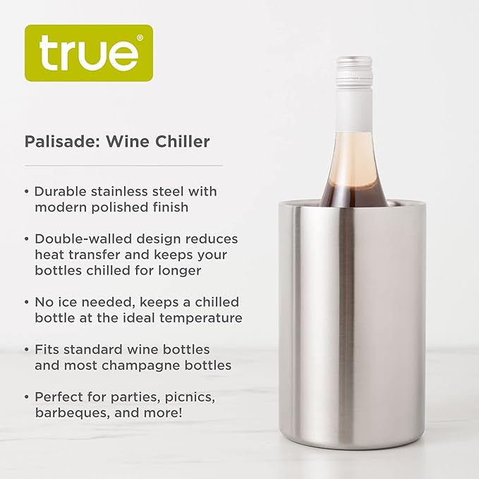 True Cellar Wine Chiller, Double Walled Stainless Steel Bottle Chiller, No Ice Needed, Fits Standard Bottles, Silver, Set of 1
