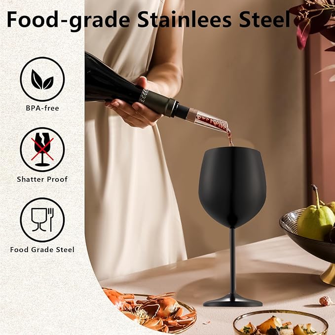 Stainless Steel Wine Glasses Set of 4 Unbreakable Wine Glass 18 oz Unique Metal Wine Goblets for Outdoor, Travel, Camping, Pool, Ideal Gift for Wine Lovers (Matte-Black)