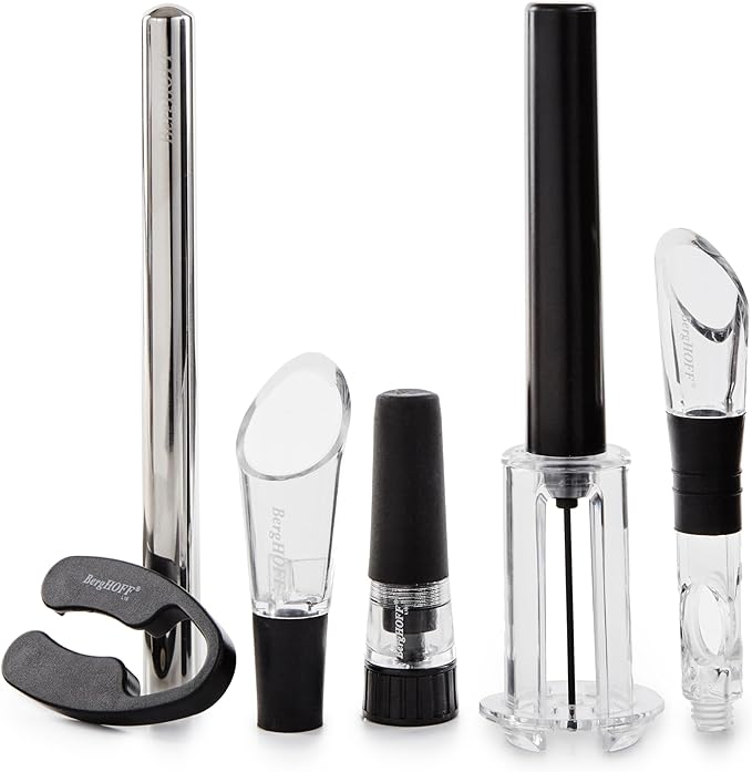 BergHOFF 6Pc Air Pressure Wine Opener with Chiller Pourer, Foil Cutter, Aerator Pourer, Vacuum Stopper Great for Gift