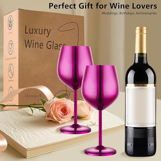 Stainless Steel Wine Glasses Set of 4 Unbreakable Purple Wine Glass 18 oz Unique Metal Wine Goblets for Outdoor, Travel, Camping, Pool, Ideal Gift for Wine Lovers
